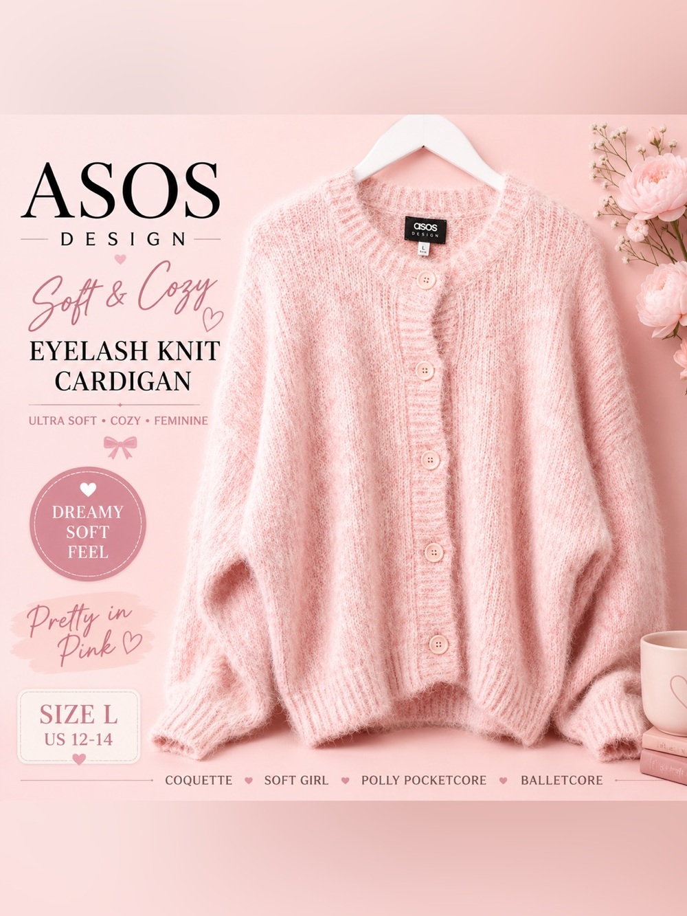 ASOS Design Soft Eyelash Knit Cardigan Pink Fuzzy Cozy Button Front L